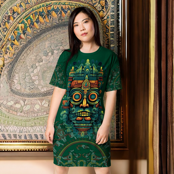 Olmec T-Shirt Dress featuring intricate cosmic designs